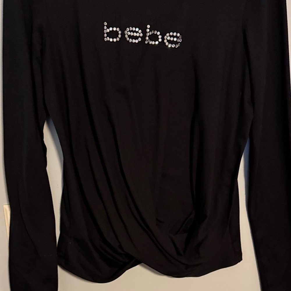 Bebe Black Rhinestone Logo Long Sleeve Tee. Ruched bottom.